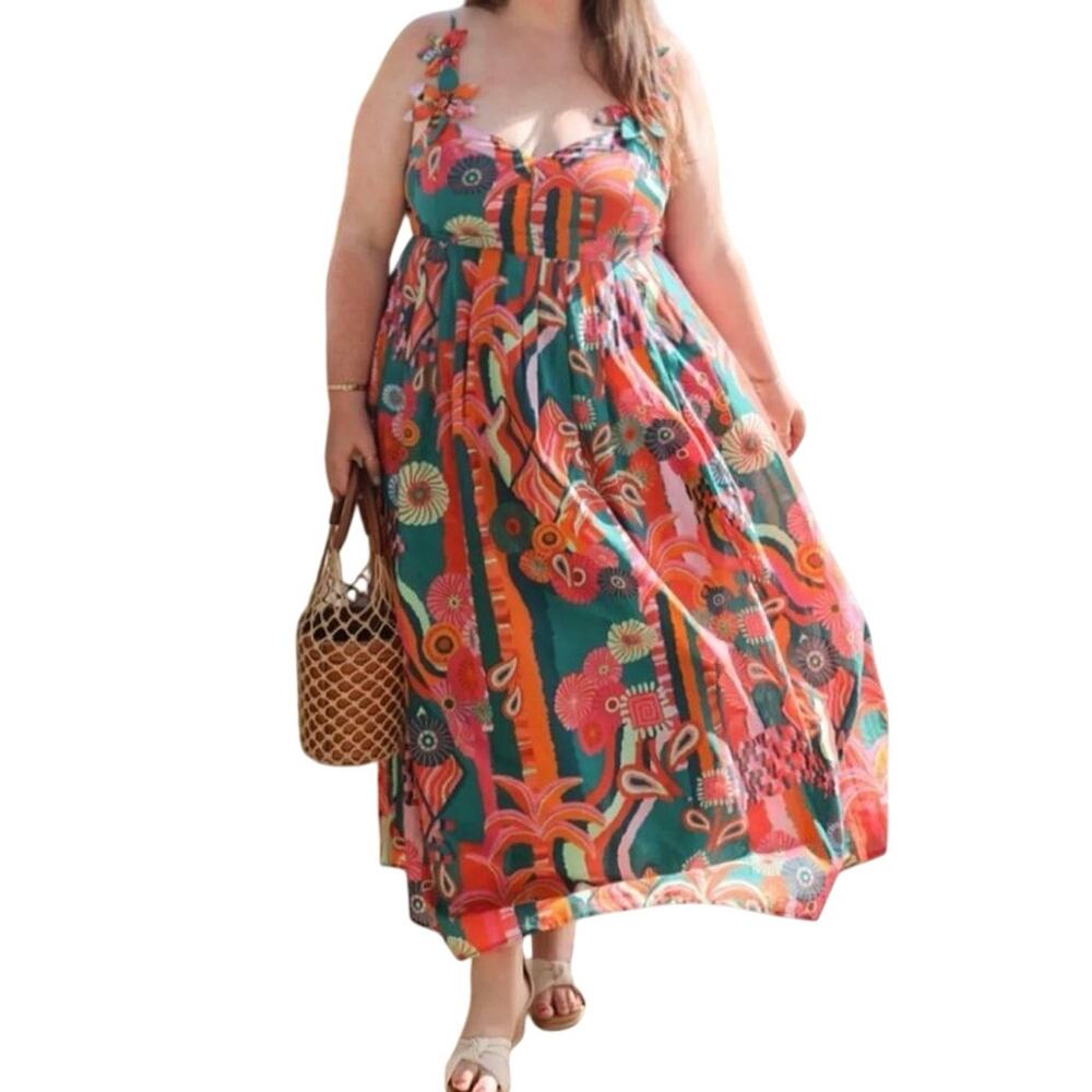 FARM RIO Anthropologie Pleated Palm Midi Pockets Dress, Size 2X Brand New SOO - Picture 7 of 16
